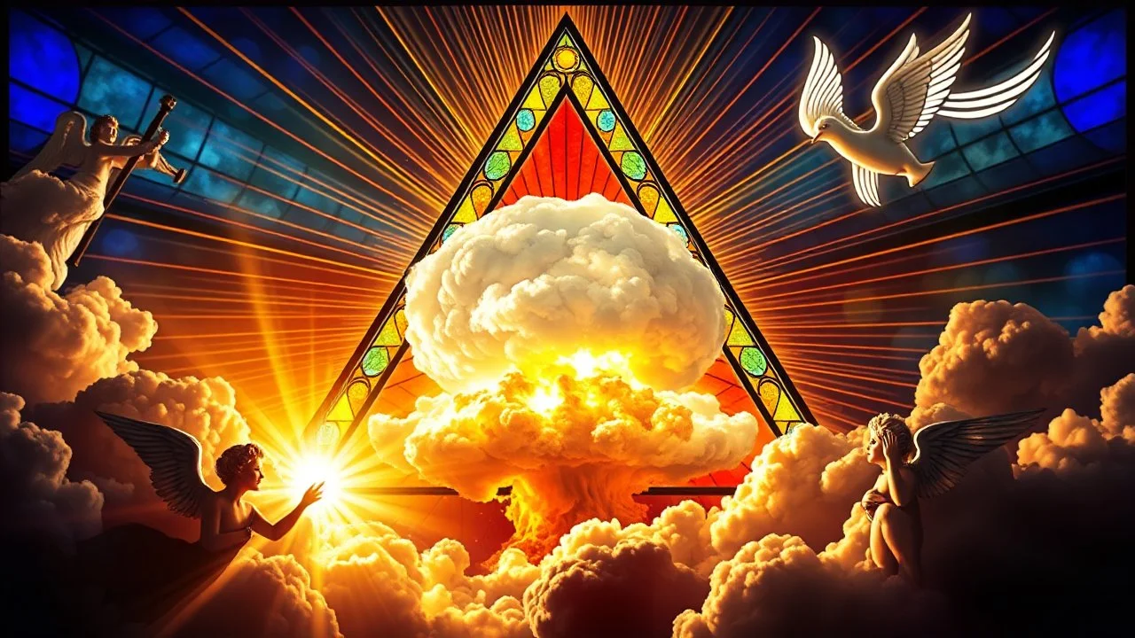 a nuclear explosion cloud(middle) framed from behind by a triangle of stained glass surrounded by radiant lines from the center, the wind and smoke from the explosion forming shapes of attractive dancing women(bottom) and cherubs(top) with small angel wings(left and right foreground) like cherubs in the clouds, religiose art, angelic light