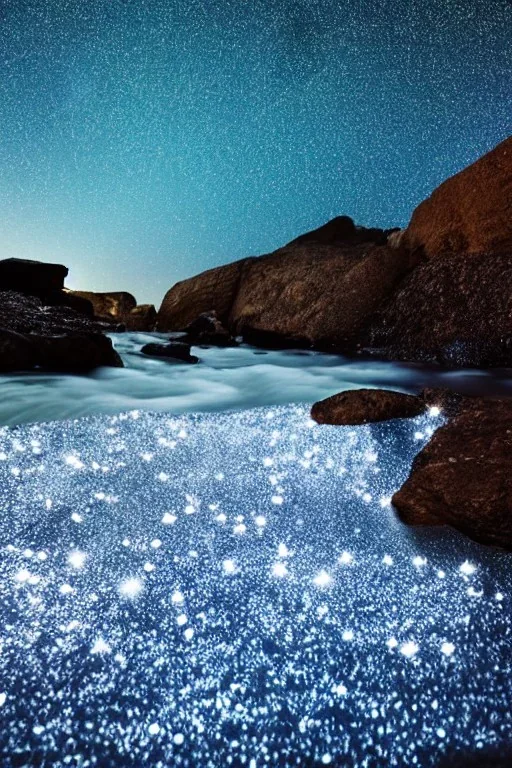  eau riviere, rocher avec mousse, petis cristaux, éclairage ambiant ciel étoilé.