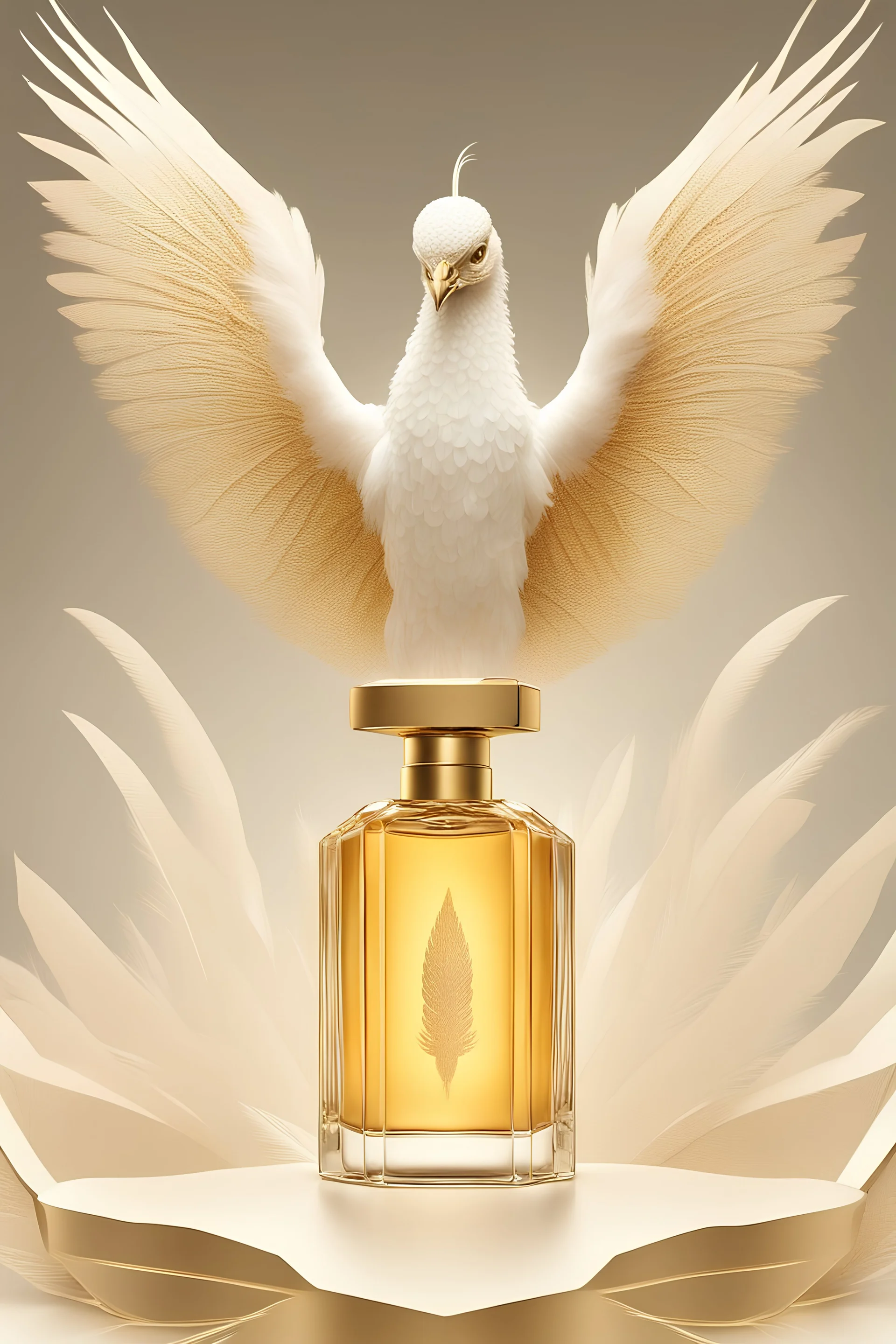 Make a fragrance with notes of Honey, Vanilla, Amber, Tonka Bean and Oud. And the bottle is Hegtagon in the hands of white peacock with white and gold feathers, with wings and tail and feathers open, standing on shiny gold mountain