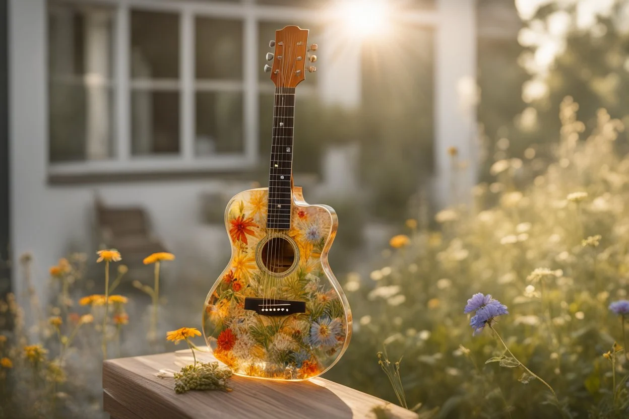 A lovely clear transparent resin guitar with wildflower design in a modern room in sunshine