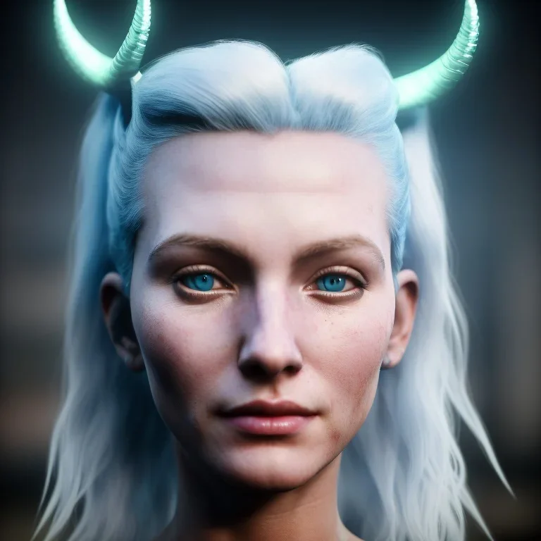 A medium-close-up shot of a young, white-haired tribal woman with horns standing on a sidewalk in a cyberpunk city. The woman only has one head, but also a gentle smile.