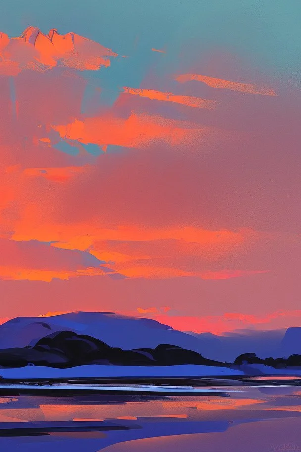 a paint of big rock mountains with and orange dawn sky