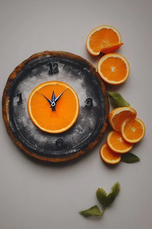 portrait, an orange with a clock embedded in its rind, AbstractTech clockpunk, Food photography, beautiful, delicious food, recipe photography, realistic, natural light, colorful, food art, object photography, vignette, ultra HD