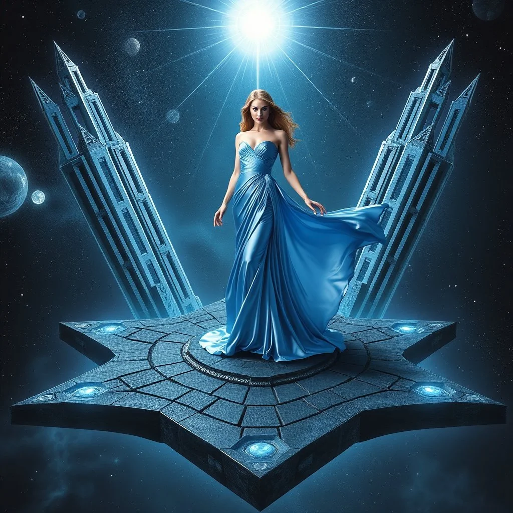 A breathtaking cosmic fantasy scene featuring a stunningly realistic beautiful woman with a perfect face and sculpted figure standing gracefully at the center of a floating geometric platform in deep space. She wears an elegant flowing gown in vibrant silver and blue hues that billow around her perfect form. The platform is constructed from dark cobblestone-like blocks arranged in a star shape. Surrounding her are magnificent CIFI towers like structures,satelights
