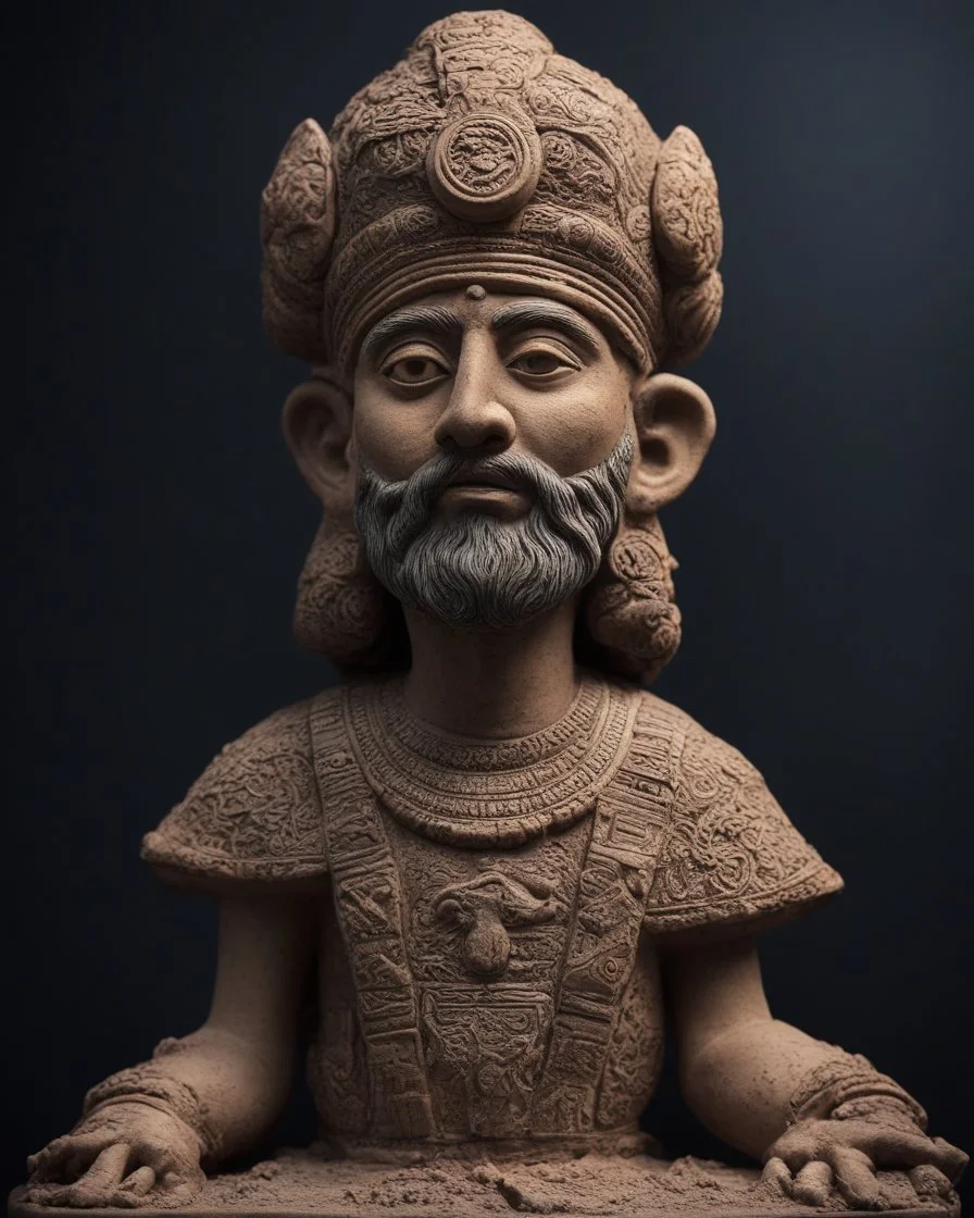 a very creative masterpiece clay art of ancient Babylonian god, the design express power, mystery, magic power, high details, sharp focus, intricate details, vivid color, volumetric lights, Black Background,