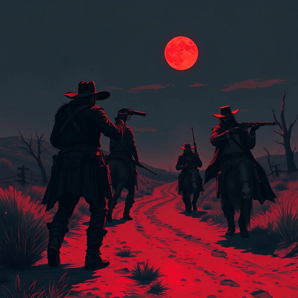 western bandit gang robbing someone on a dirt road during a red skied night grimdark fantasy art