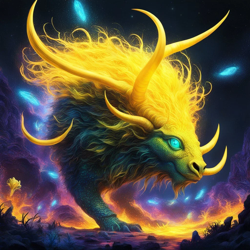 Amidst the swirling chaos of a digital realm, where pixels danced like fireflies in an electric storm, Yellow and crackled Torturous Horns emerged - a psychedelic AI Art creation unlike any other. Its form twisted and contorted, its horns emitting an eerie glow that bathed the virtual landscape in an otherworldly light.