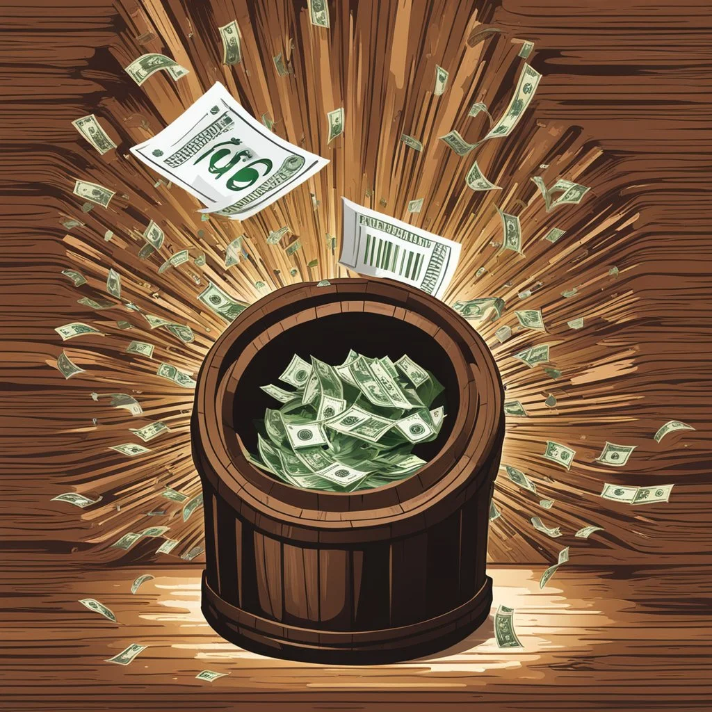 hand depositing money in the barrel, a wooden barrel : 1.5 ) money goes in from above and money comes out from below, ultra quality, vector graphics