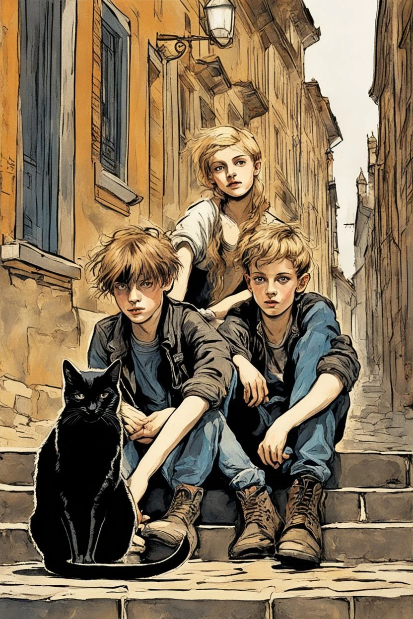 Three teenage street children two boys and one punk girl in book-cover poses on the screen of an old town plus a black cat as a companion, dark graphic style, malczewski style, warhol style,