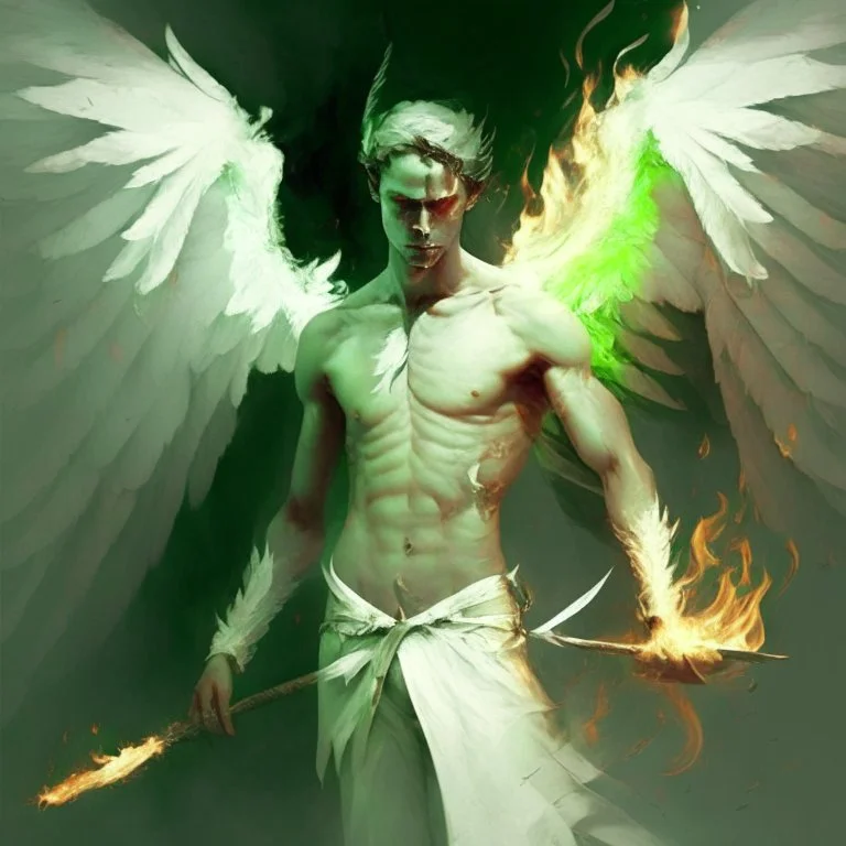 hombre angel caido con piel verde palido y alas blancas con una lanza de fuego