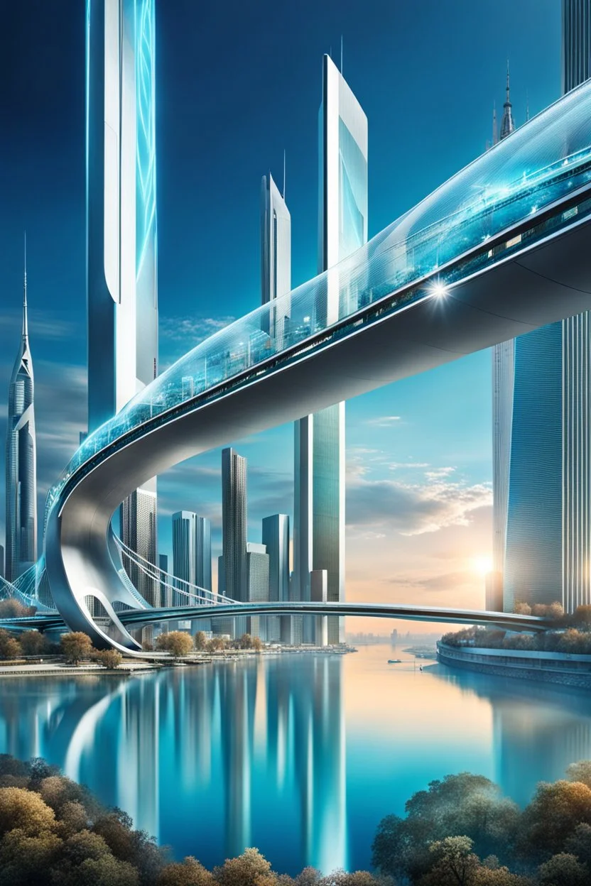 Dreamlike Skyline of Downtown futuristic hightech city in 4050 and a stunning futuristic Bridge During Sunlight over the azur-silver color river, cold colors, high detalied, sci-fi, landscape