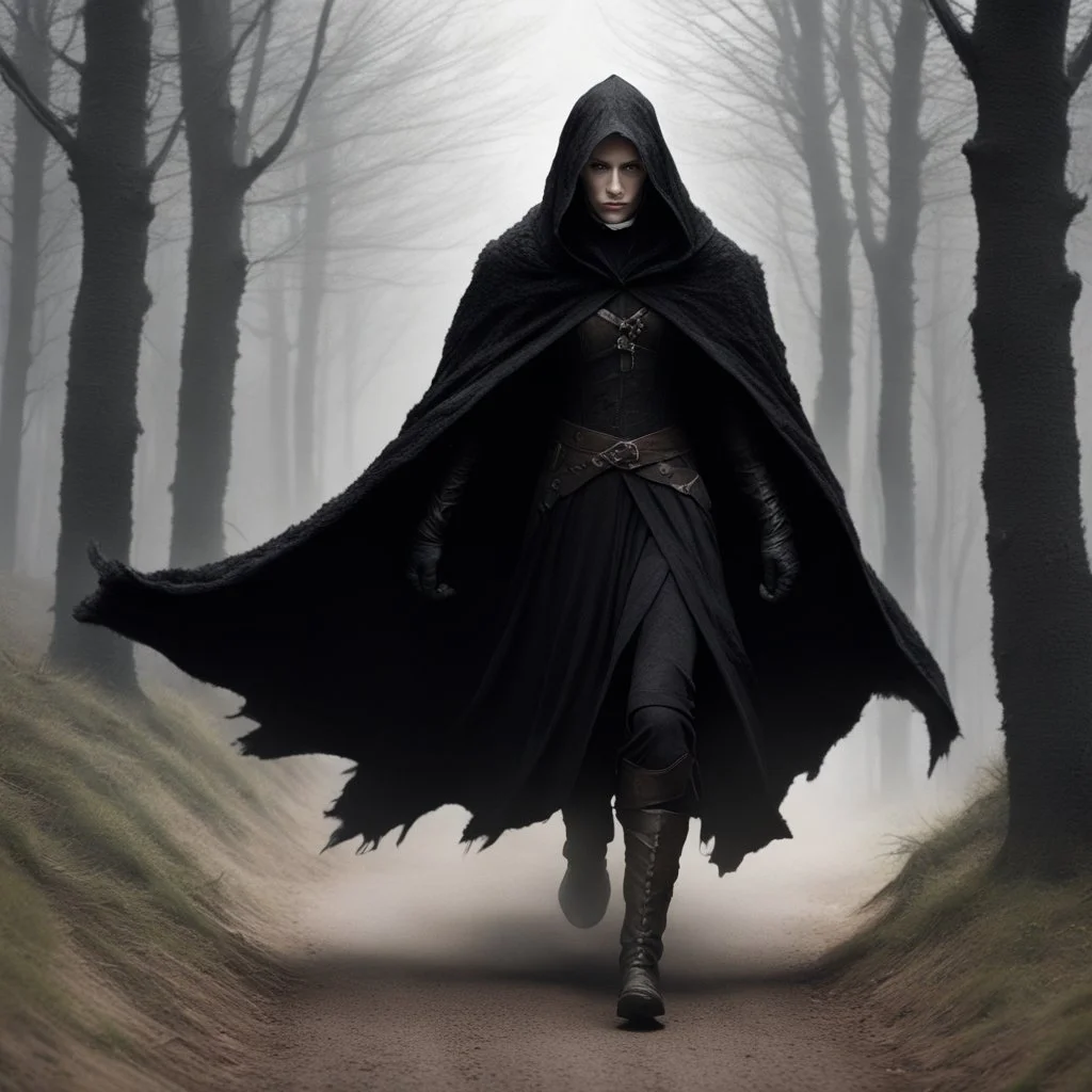 a dark figure covered in a black fur-lined cloak hood drawn over her head, making her clearly not visible to anyone who might catch sight of the woman as she pulled her white-steed Nuada out of the woods and down the narrow road that leads to the pub, his hooves kicking up dust with every step as she brought him into a slow cantor, his head bobbing up and down as he neighs. She would bring him to a halt as she slid off and landed neatly on the ground.