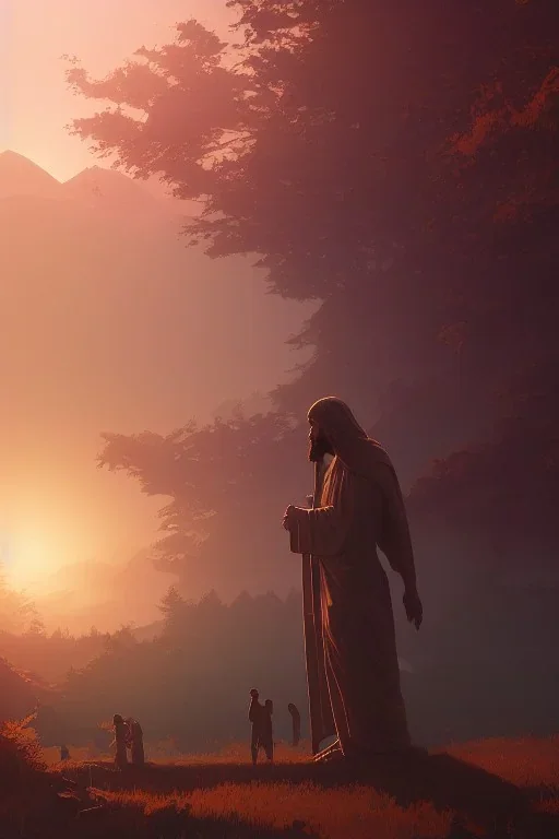  Jesus statue, A beautiful landscape at dawn by atey ghailan, ismail inceoglu, michal lisowski, artstation, volumetric light, high detail, perfect