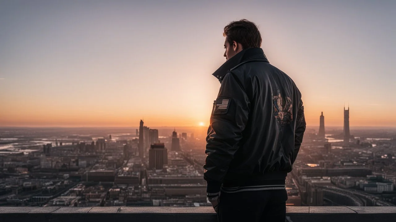 An Englishman in a bomber jacket standing to one side of a tall building looking across a city at sunset