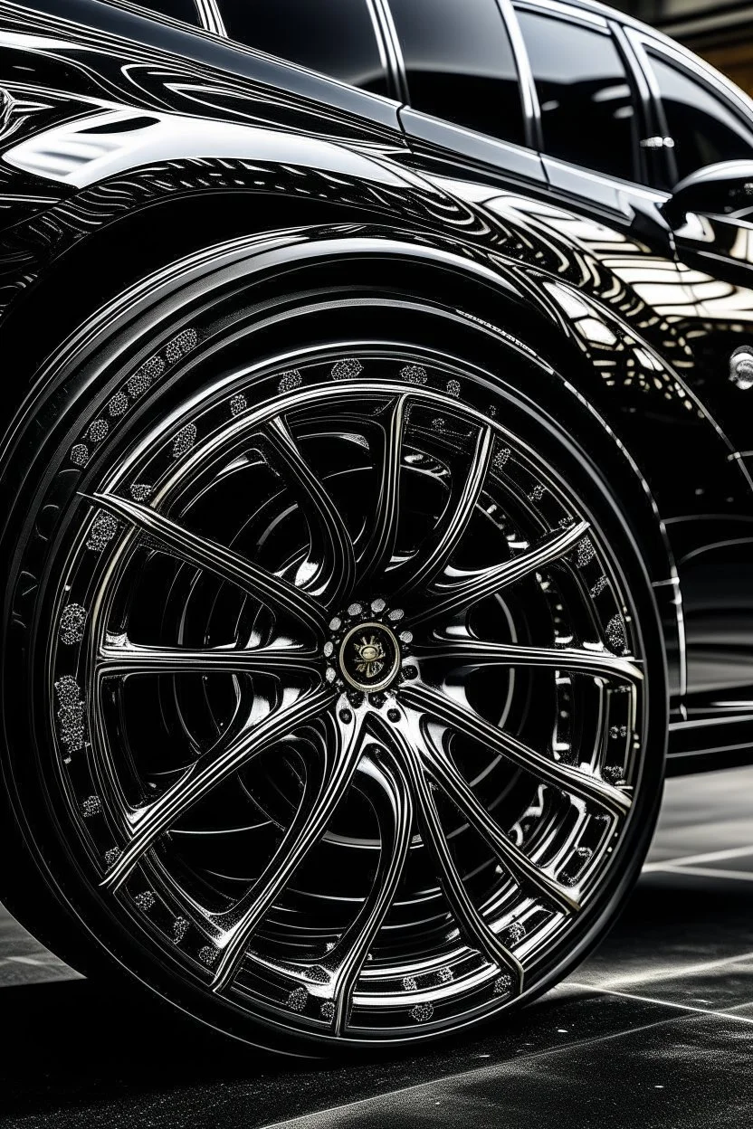 A luxurious black car engraved with white gold wheels