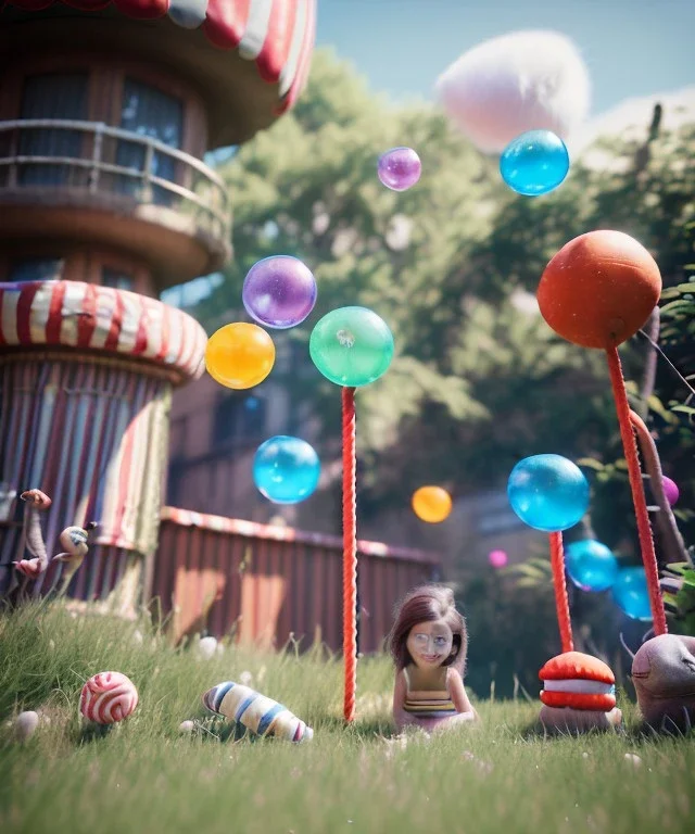 Wes Anderson photographer, Ultra realistic garden scene, wide angle view, child playing with feather pillows and sweet inflatable monsters, circus dress style, feather color, free jumping, many trinkets, hair monster, many jelly beans, balls, smile, extreme, wind, soft color, highly detailed, unreal engine 5, ray tracing, RTX, lumen lighting, ultra detail, volumetric lighting, 3d, finely drawn, high definition.