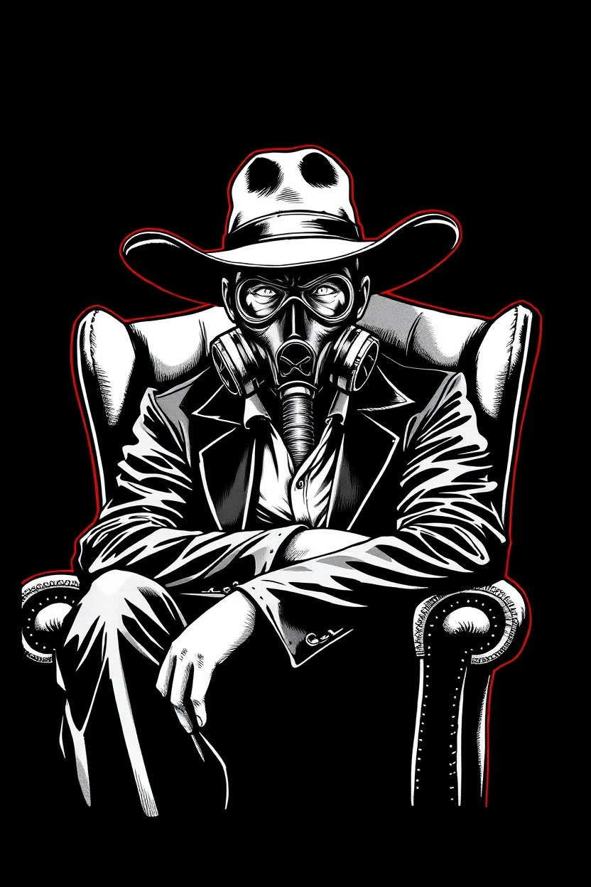 intimidating western styled man with hat (wide and flat brim and a flat top) shading face, wearing a gas-mask, sitting forward on a wingback chair, vignette, black and white graphic novel style with a red outline on black background, gothic horror