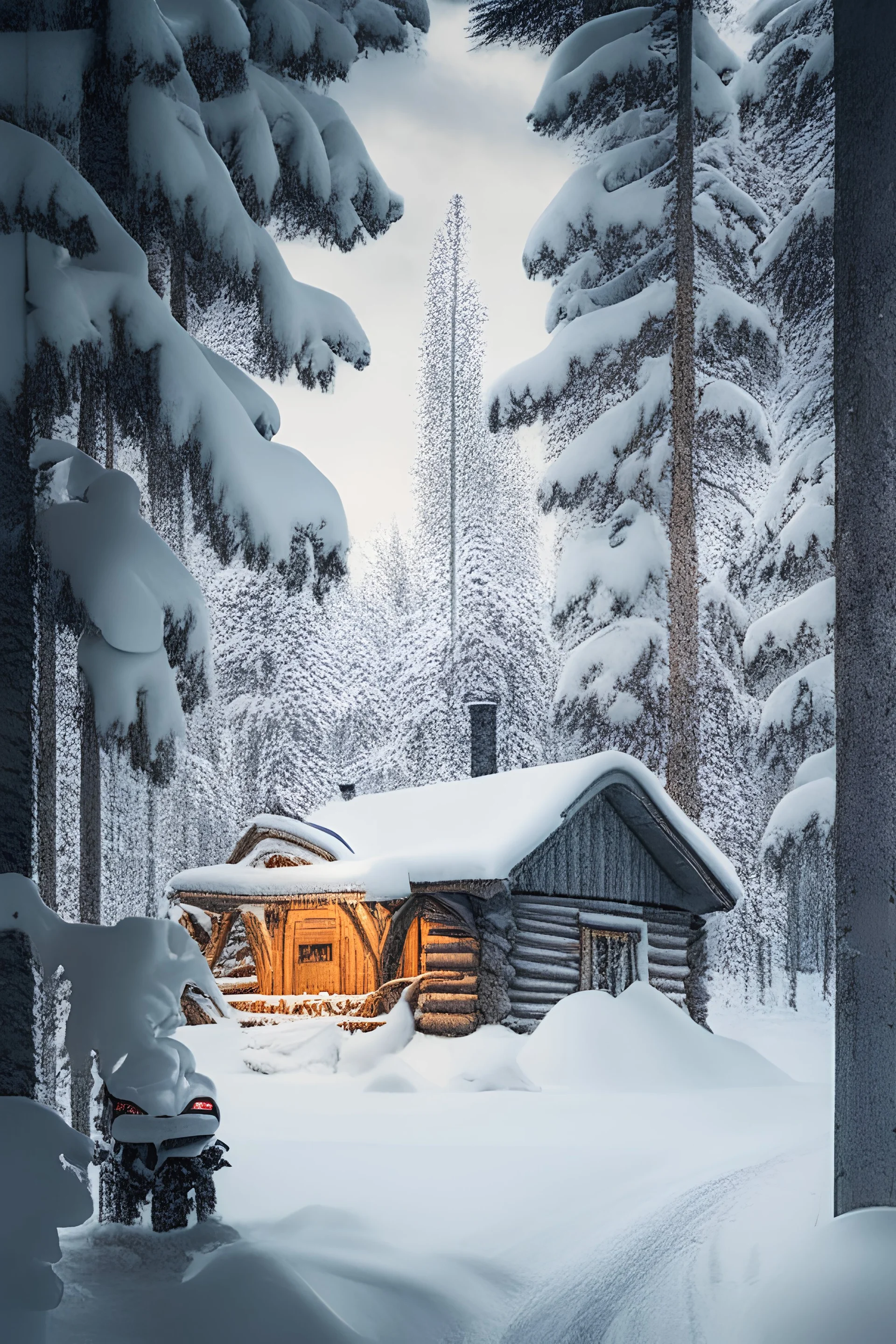 A cottage in the middle of a wood winter and a snowmobile