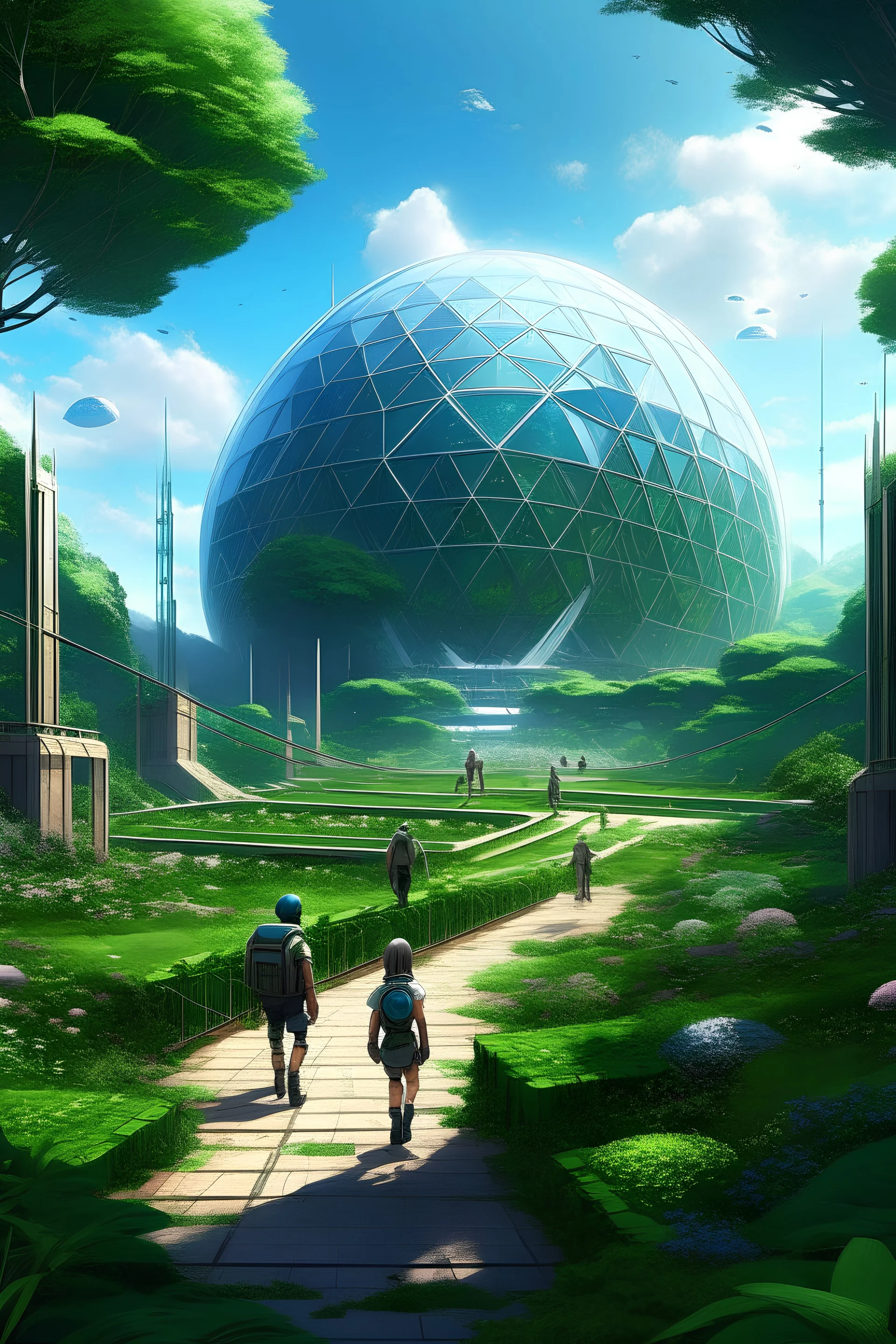 una colonia espacial en un planeta lejano. Destaca la presencia de humanos que pasean con trajes futurísticos. Integra elementos arquitectónicos avanzados. En el centro de la imagen, crea una imponente cúpula de cristal que alberga un jardín exuberante. En el cielo puede verse el planeta Tierra.