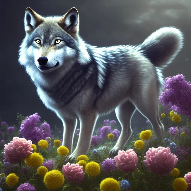 a wolf standing among flowers, sunlit, flickering light, stunning, beautiful, sharp, crisp, 8k resolution, centered, high-quality, ultrafine-detail, digital art, detailed matte, volumetric lighting, illustration, 3D octane render, brian froud, howard lyon, ben goossens, George Grie, alphonse mucha