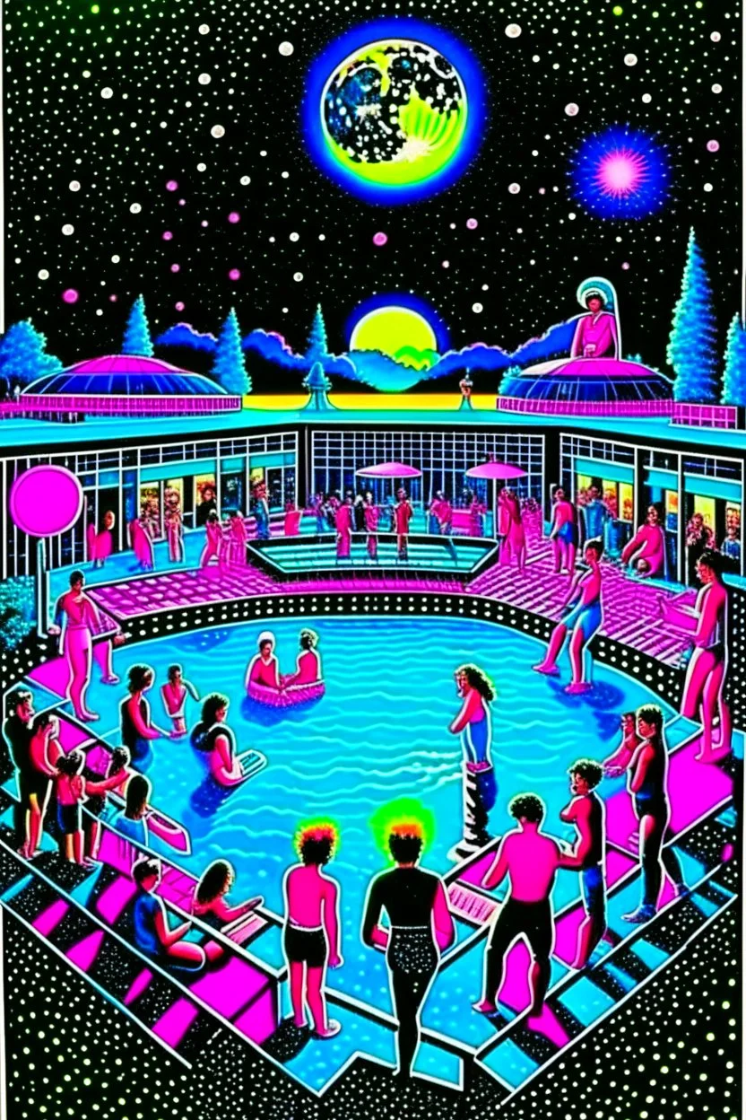 techno rave party in 80's with dj and swimming pool on the moon full