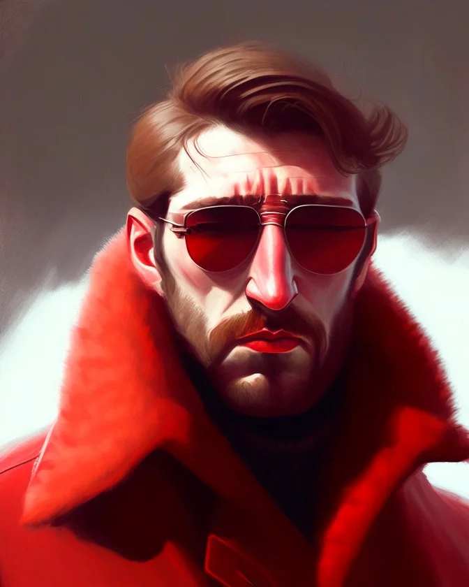 a young man who looks like hans gruber wearing a heavy coat and red sunglasses staring with an irritated look on his face