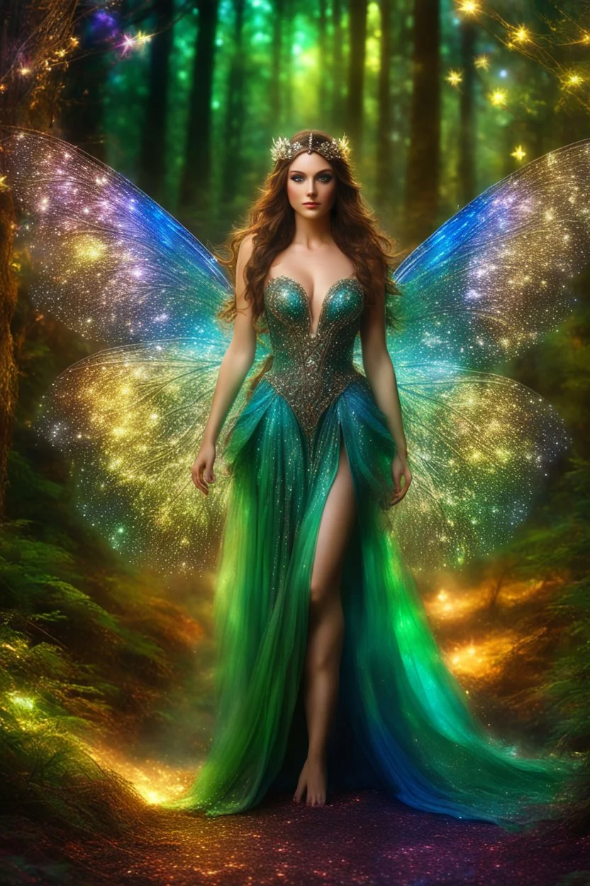 Front view photoshoot Gorgeous Photography Ultra Realistic Natural Skin Beauty, Beautiful Fairy woman straddle wings with gown shiny brown flowing hair, glitter colorful fairy wings, lovely glowing green eyes, surrounded by magical colorful forest and flickering lights, digital photography, kaleidoscope, vibrant colors, vivid colors, colorful,in midnight magic lights forest ,full sparkling light, close-up portrait