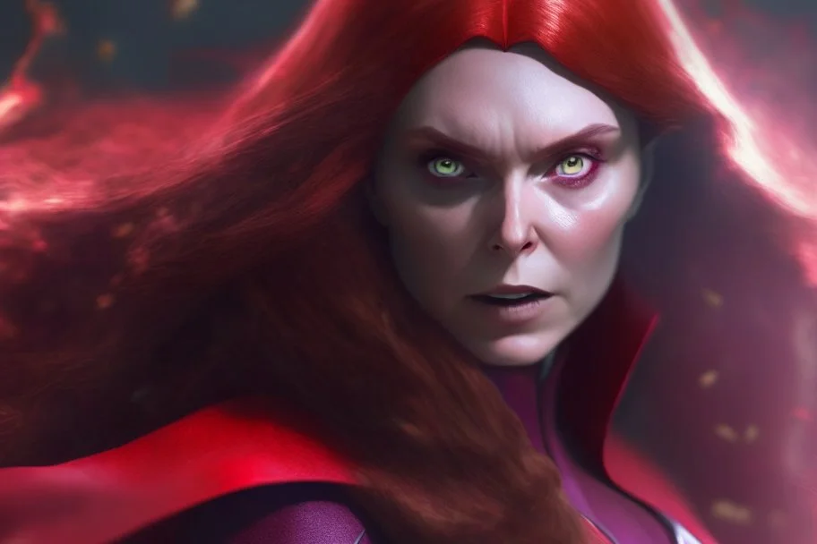 Wanda Maximoff, mulher, cabelos ruivos, olhos vermelhos brilhantes, de lado destruindo algo com sua magia vermelha, traje da feiticeira escarlate, dramatico, 4k render, imagem cinematográfica. Cores frias,