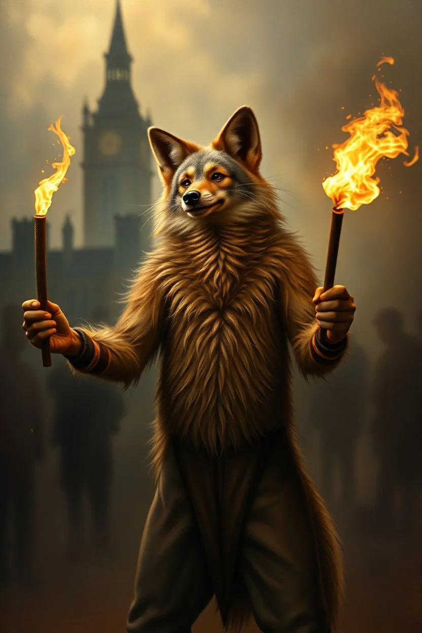 aardwolf man pantomime juggling torches, painting by Rembrandt, with motion blur city background, and volume light fog with sunlight rays