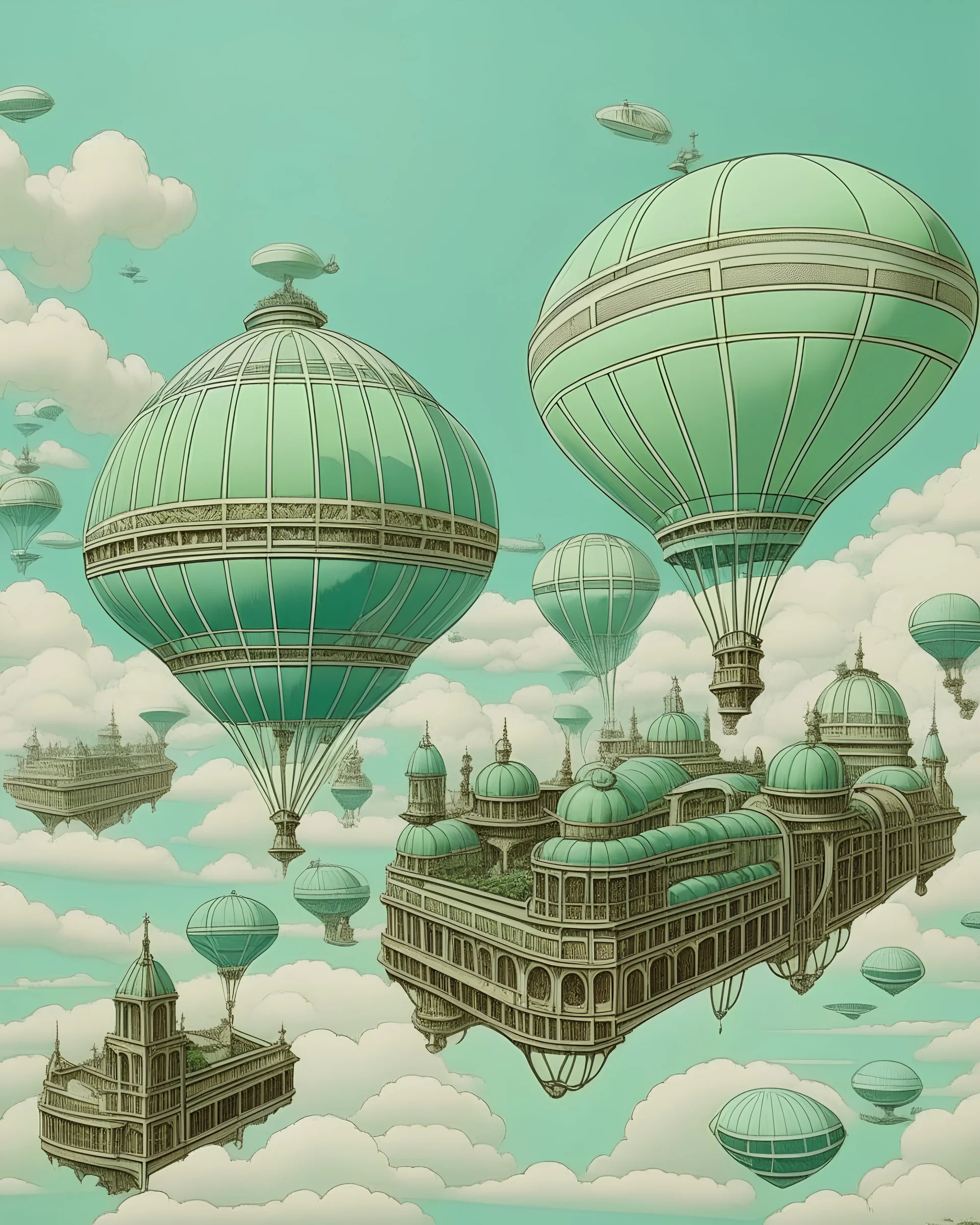 A mint color sky filled with airships painted by MC Escher