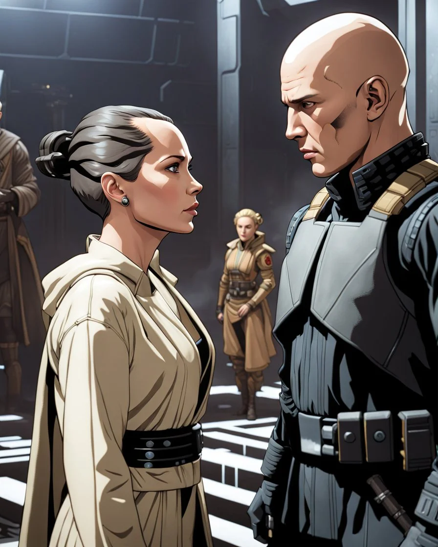 a bold and heroic bald male Corellian pilot in black and grey First Order special forces gear meets a female Jedi Master in ancient, mystical temple, hyperdetailed, dynamic lighting, hyperdetailed background, 8k resolution, volumetric lighting, light skin, fully symmetric details