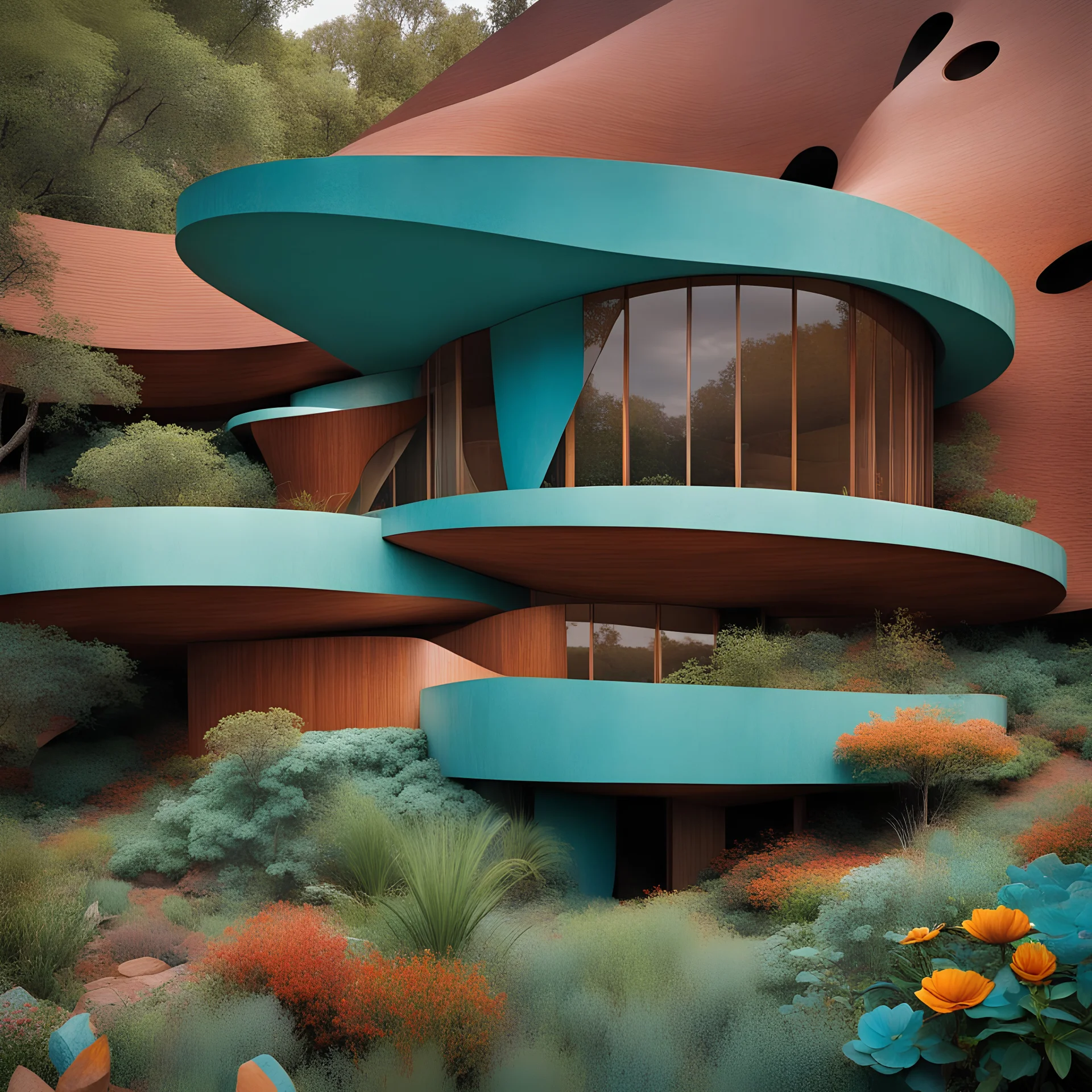 house designed by john lautner, african patterns, textured turquoise, sedona, corten steel,flowers , rusty metal, realistic, african textures, very patterned