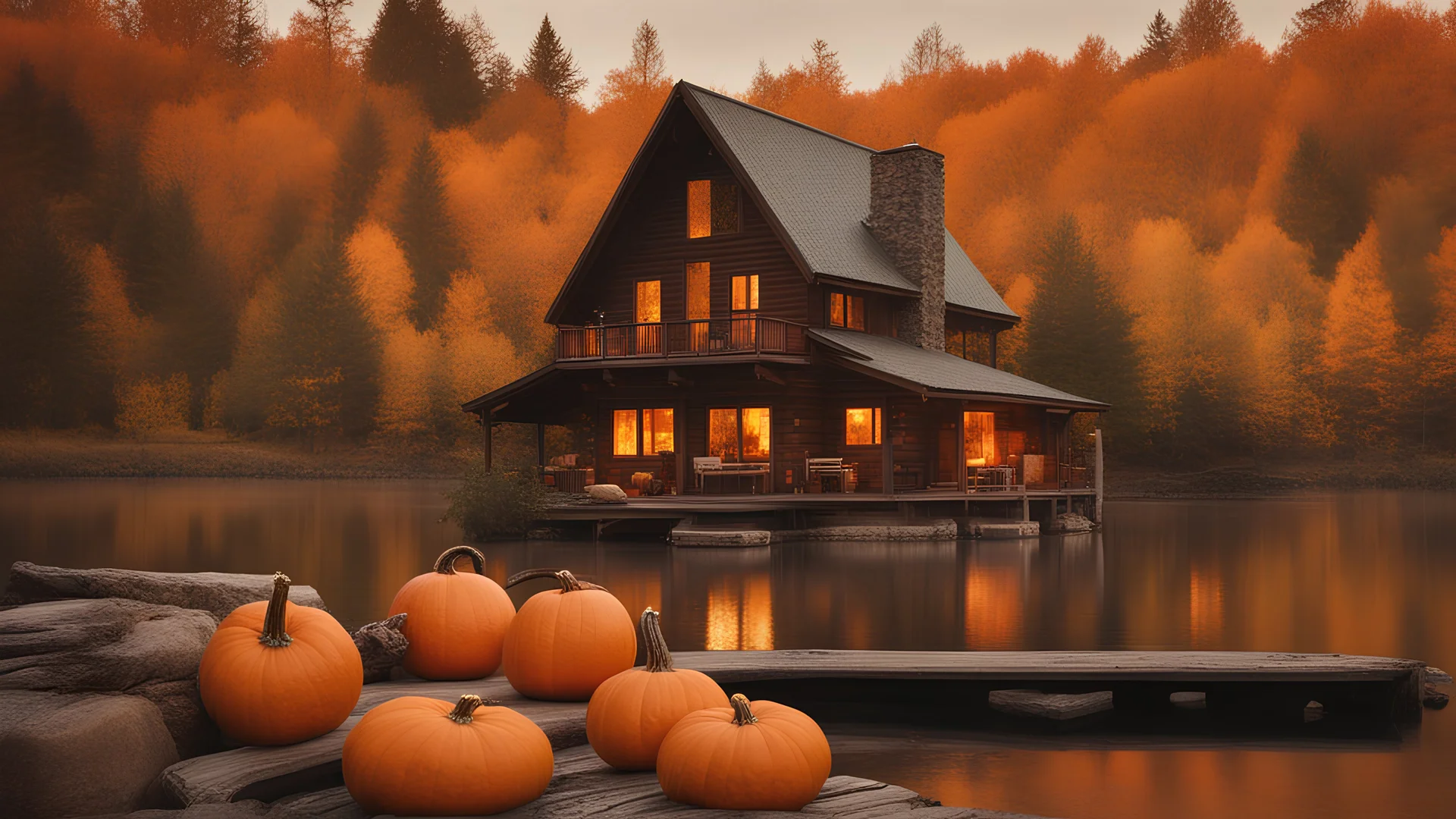 cozy cabin pumpkins autumn lake