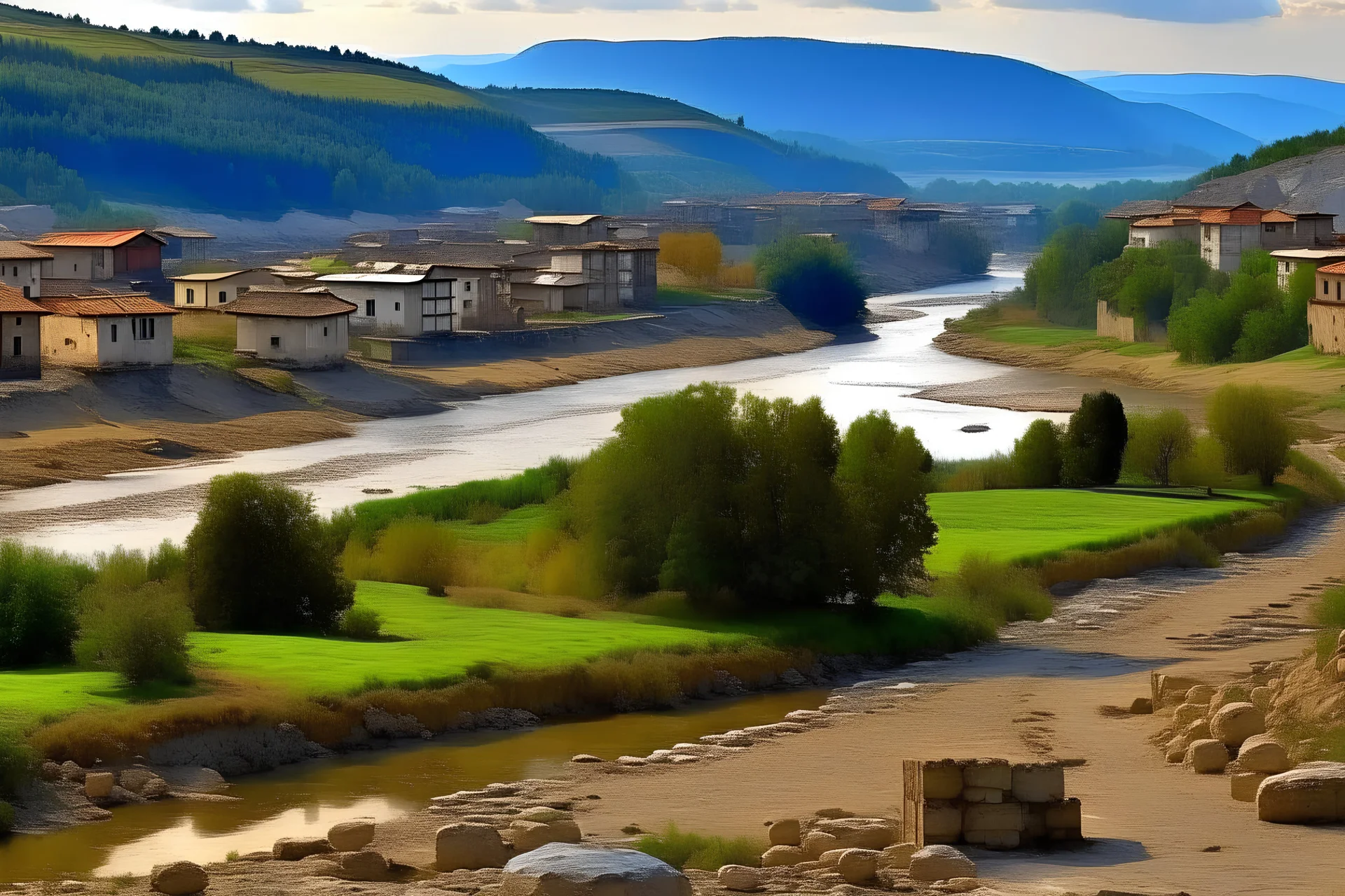 Im Vordergrund ein Trampelpfad in Bulgarien, im Mittelgrund ein breiter Fluss in einer kargen, Karst-Landschaft, im Hintergrund ein ägyptisches Dorf aus niedrigen Lehmhäusern mit Flachdächern vor bewaldeten Bergen aus grauem Gestein