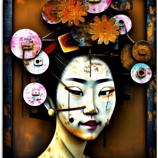 an abstract painting of rusted metal and flowers, beautiful smiling Geisha portrait, rust, scaffolding, iron cladding, decay, mixed media, textured, anatomically correct, beautiful perfect face, sharp focus, highly detailed by Johannes Vermeer 8k