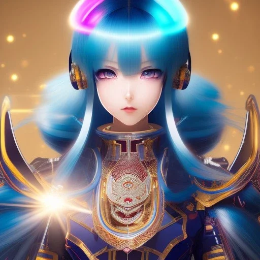 Cyborg anime geisha, light blue hair, messy hairstyle, pierced ears, oversize latex coat, neon lights, golden eyes, waist up portrait, 8k resolution, intricate details, ornate details, soft lighting, vibrant colors, masterpiece, intricate eyeliner, dark eyeshadow, eyes, intricate tattoos, gradient color background