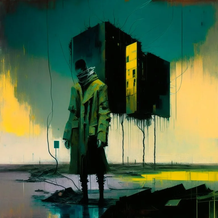 Dystopian future twisted body with retro monitor head and handing wires. Wearing a trench coat. In desolate landscape at night. With a brutalist architecture concrete decaying blocks falling. Abstract oil painting in style of Justin Mortimer