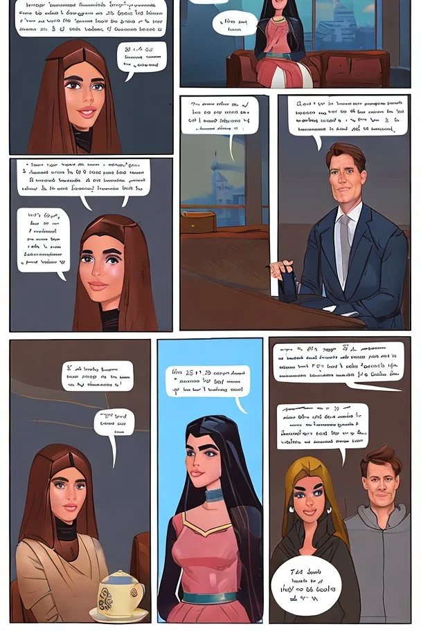 Story comic Illustrated Stories One day, Queen Batoul wassitting with her team called the “Tea Council”. Her team consisted of: - Rauf, her daughter and the hero of the tribe - Professional royal writer - Live Barbie game - Comedian Jim Carrey -Former US President Donald Trump In a large room with wide windows letting in natural light, light colors, plants, modern furniture, and a modern interior design. They were thinking of a new interior design for the palace. Meanwhile, they drank