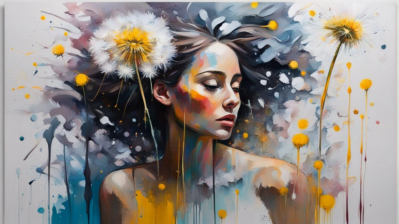 Painting with a dense palette, oil on canvas, hard strokes, paint drips, paint splashes. Woman, dandelion