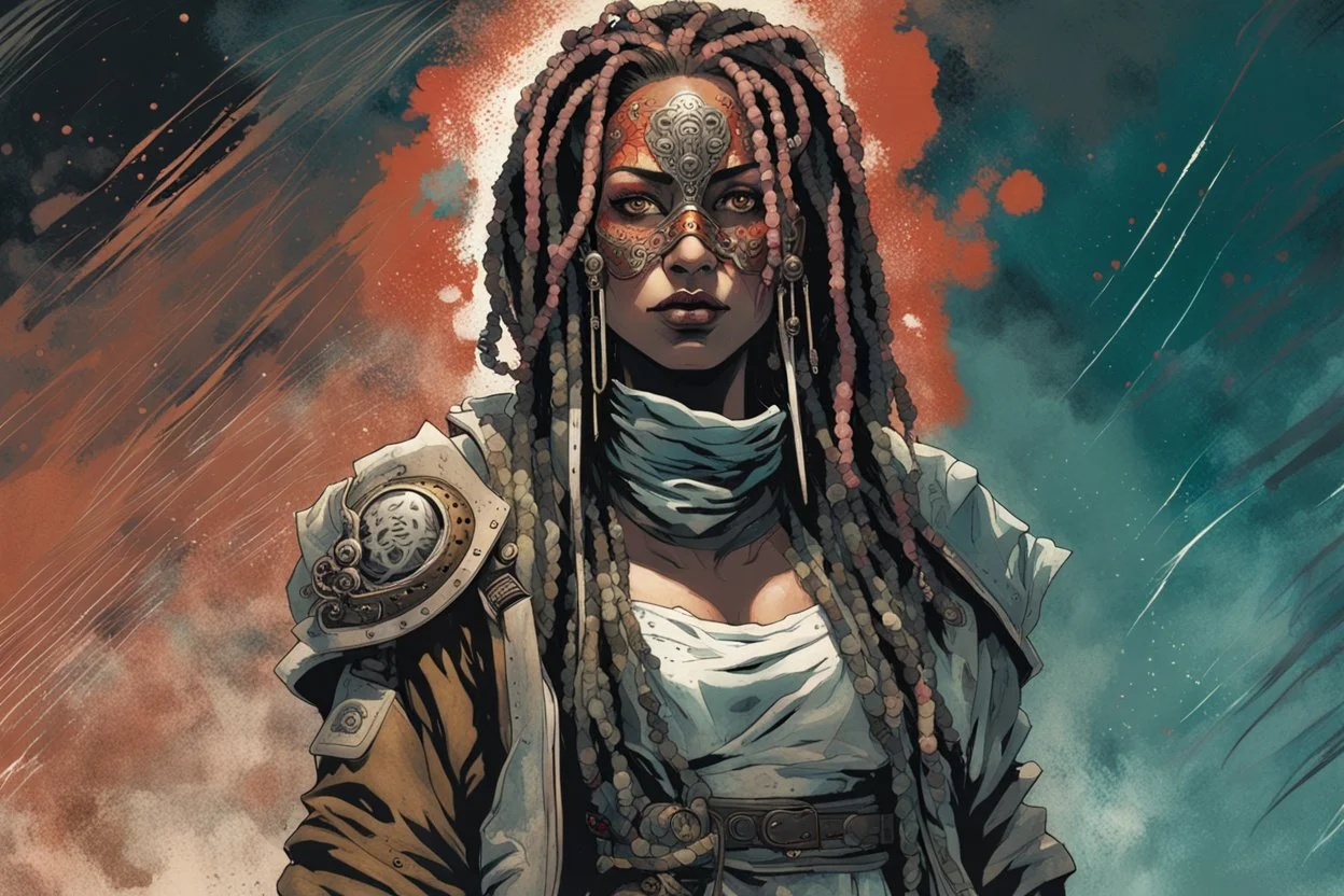 front facing full length portrait illustration of a grunge armored female , beaded dreadlock hair, cyberpunk vampire mercenary wearing an ornate oni noh mask , and shemagh, highly detailed with gritty post apocalyptic textures, caught in a cosmic maelstrom of swirling gases , finely detailed facial features and hair, in the graphic novel style of Bill Sienkiewicz, and Jean Giraud Moebius, ink wash and watercolor with realistic light and shadow