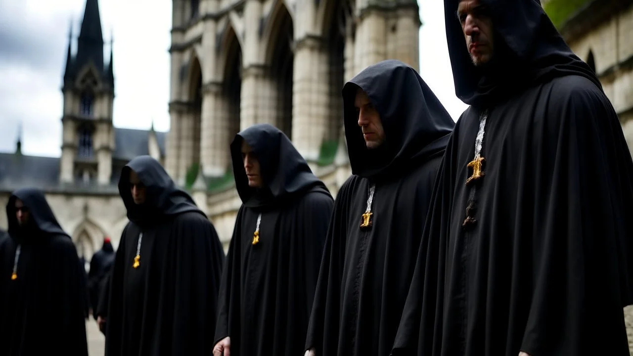 hooded monks in black robes in front of cathedral