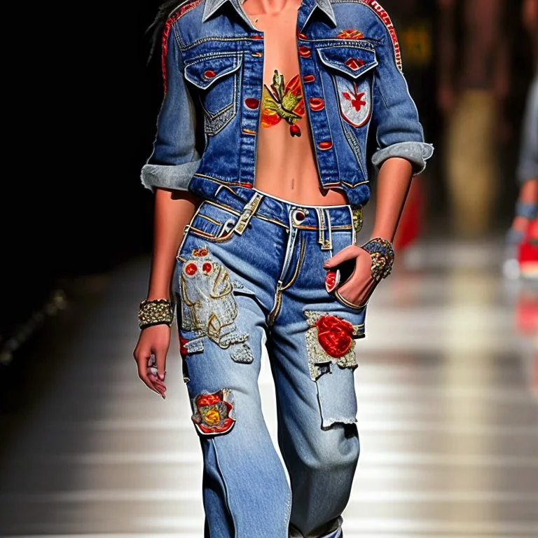 latin model catwalk wearing cargo jeans with patch embroidered