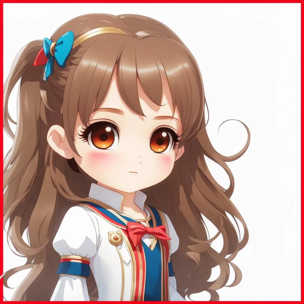 (close-up headshot) of a 4-year-old girl with long brown hair, (vibrant red eyes), adorable, cute, intricately detailed, masterpiece, anime chibi doll, 4k, American clothes