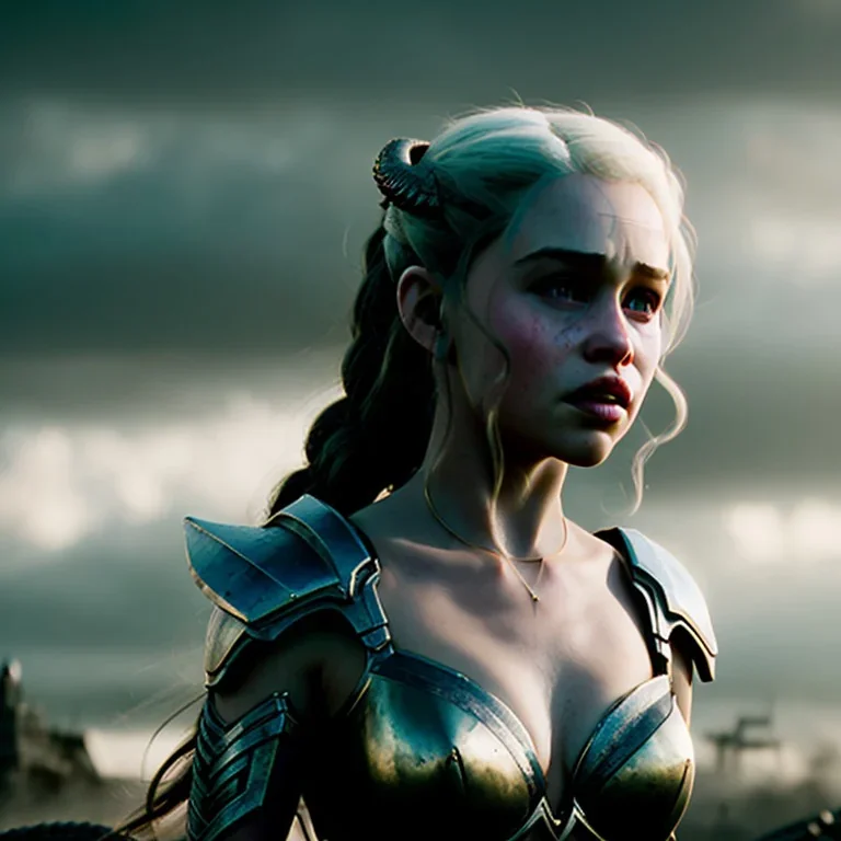 only perfect emilia clarke face, wearing dragon armor. fly hair, viking, village, highly realistic, highly detailed, mist around, smoke, particles, fog