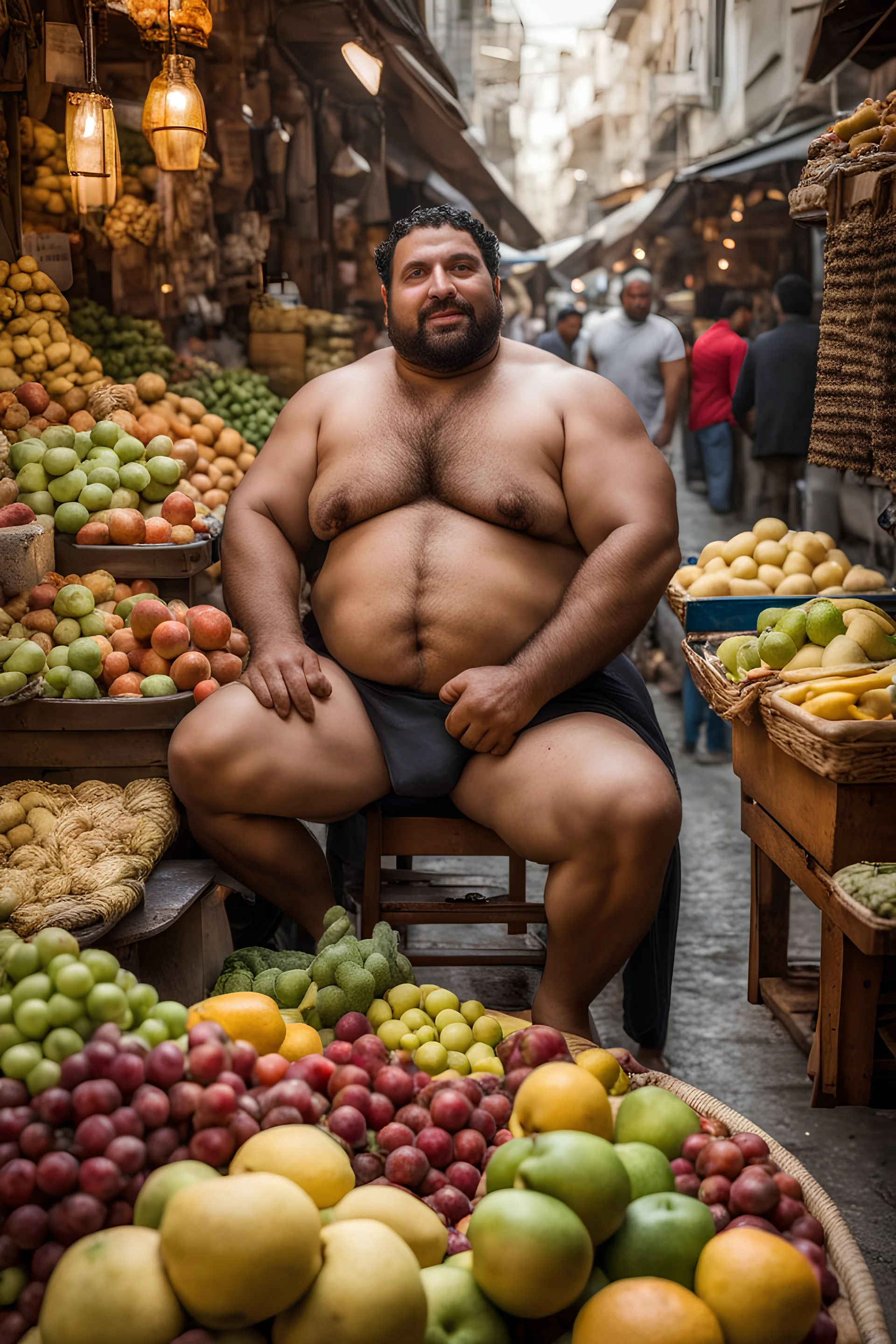 half figure photography of a burly chubby muscular strong 39-year-old arab in Istanbul bazaar, ajar mouth, shirtless, short beard, curly hair, serious, , selling fruits sitting on an old chair, big shoulders, bulge, manly chest, very hairy, side light, view from the ground