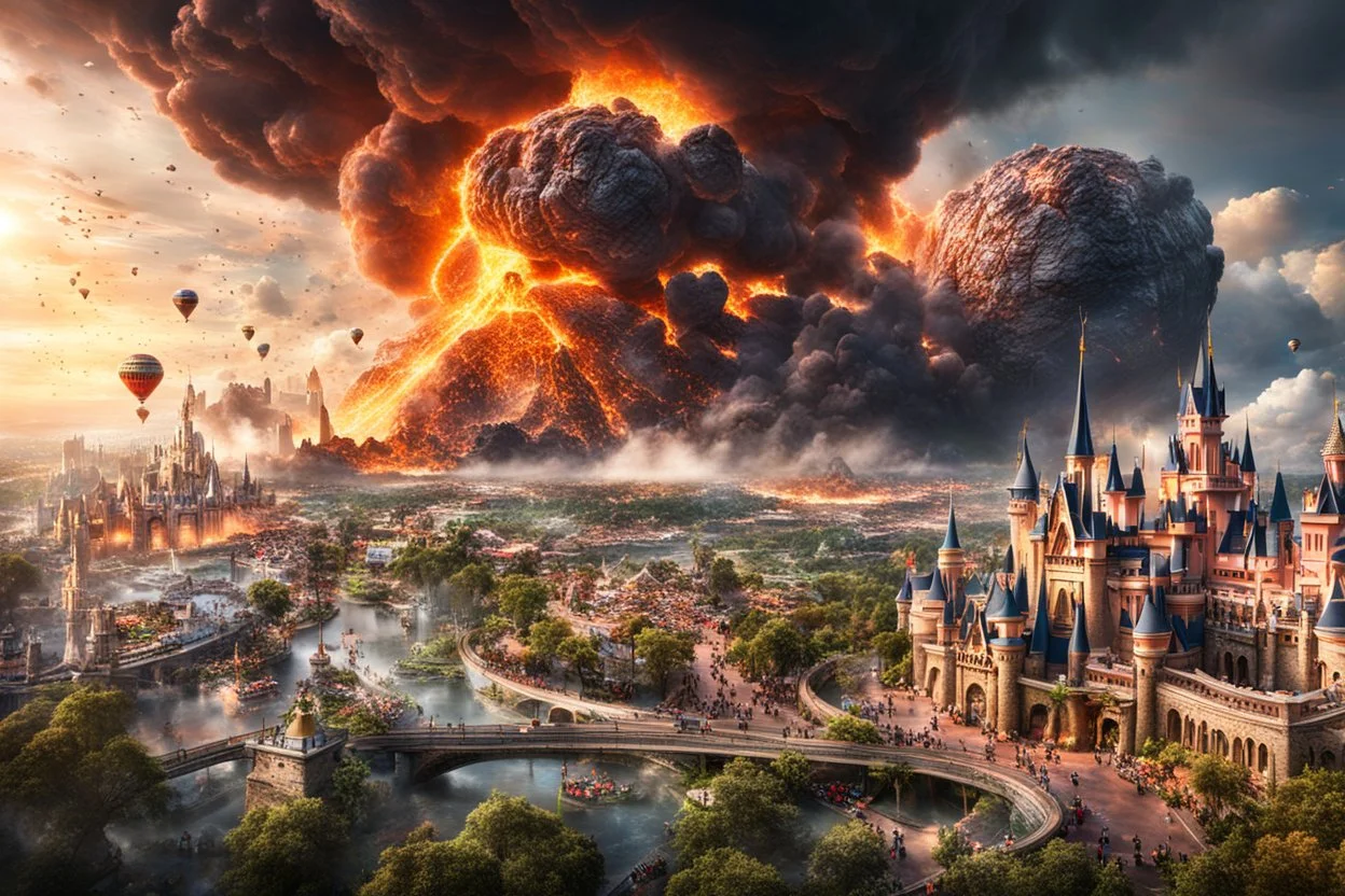 create a wildly imaginative otherworldly, chaotic total destruction of Disney World amidst a swirling firestorm from a super massive asteroid impact, highly detailed, digital composite, 8k,