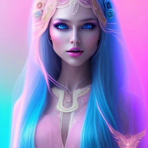 beautiful, soft, smiling face, whole head, long straight blonde hair blues eyes, crown on the head, clothing in transparent bluish and pink veil, background brillante bluish and pink, hight definition, 8K