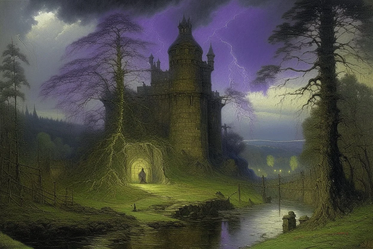 A violet castle in a thunderstorm near an acid pool painted by John Atkinson Grimshaw