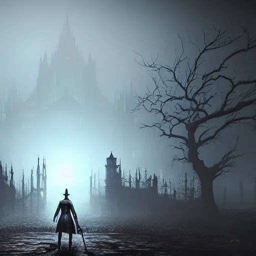 hyper realistic Bloodborne cityscape with entity looming in the fog