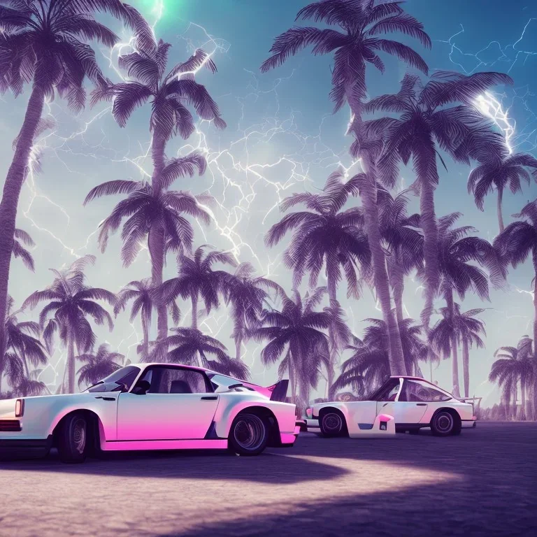 1980's aesthetic vaporwave palm trees and spheres and Porsche with lightning